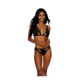 Mesh Bra w/Floral Embroidered Cups & Panty Black